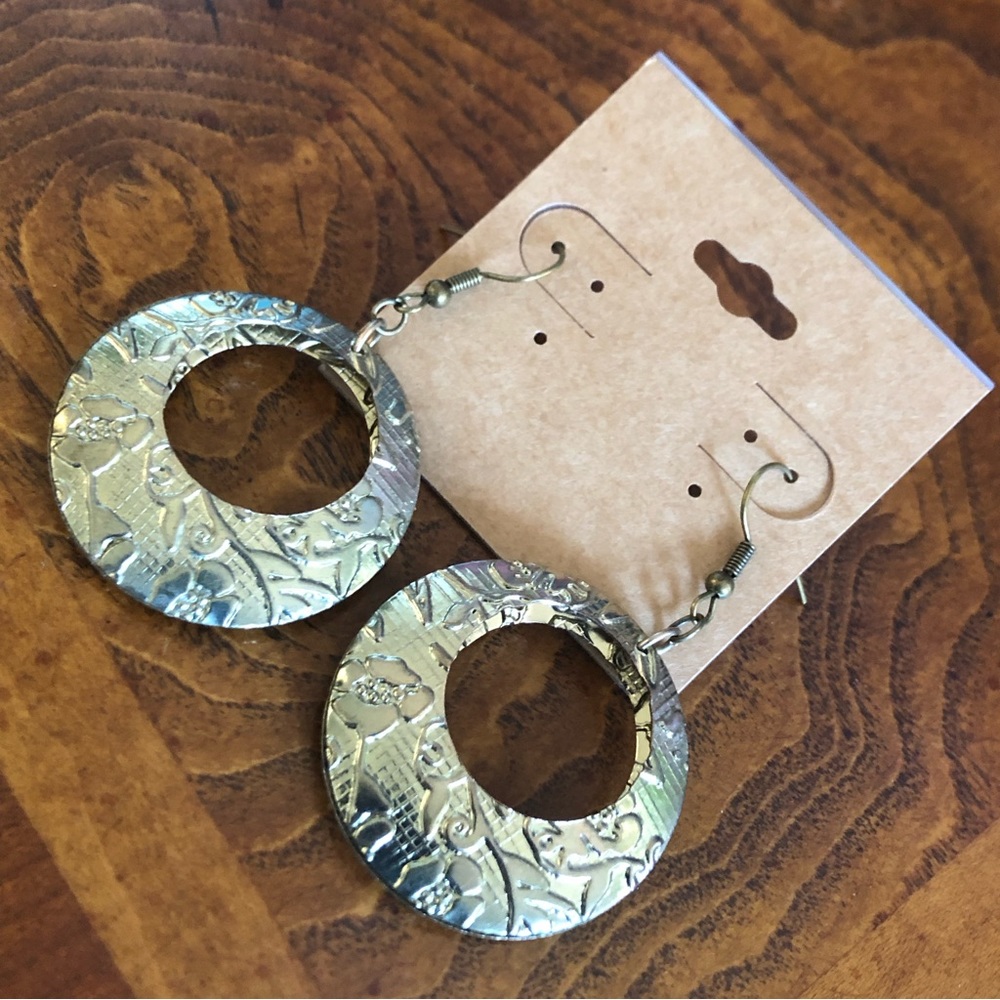 Repurposed floral brass open hoop earrings